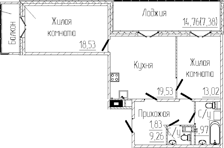 2-комнатная квартира 75.72 м², 7/8 эт., ЖК «SERTOLOVO PARK»